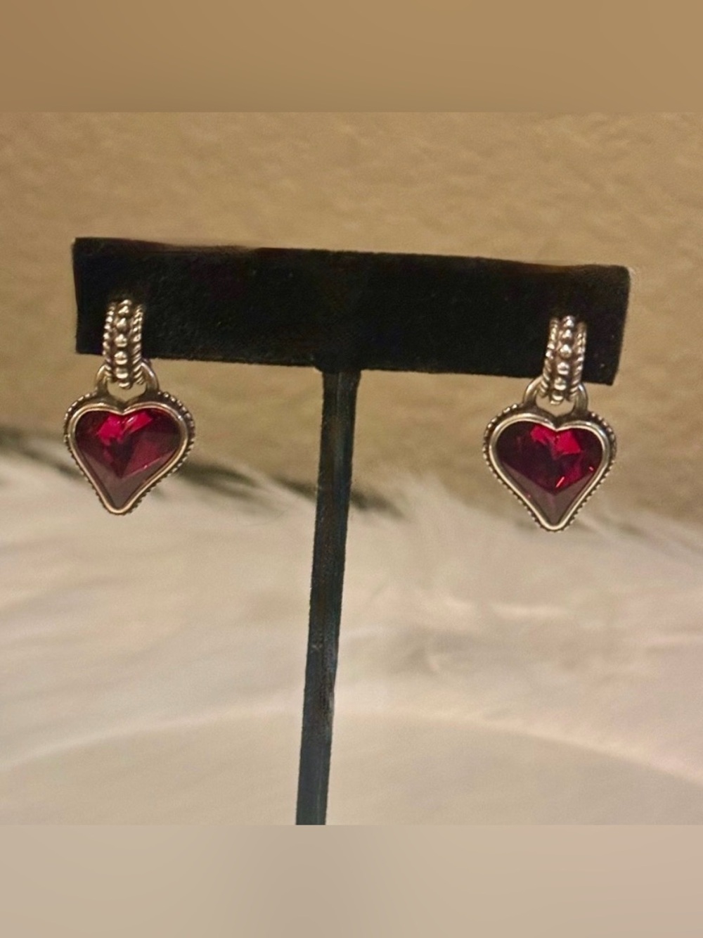 ❤️🌹 RARE BRIGHTON VINTAGE Red Swarovski Crystal ‘BiBi Gem Heart’ Dangle Earrings